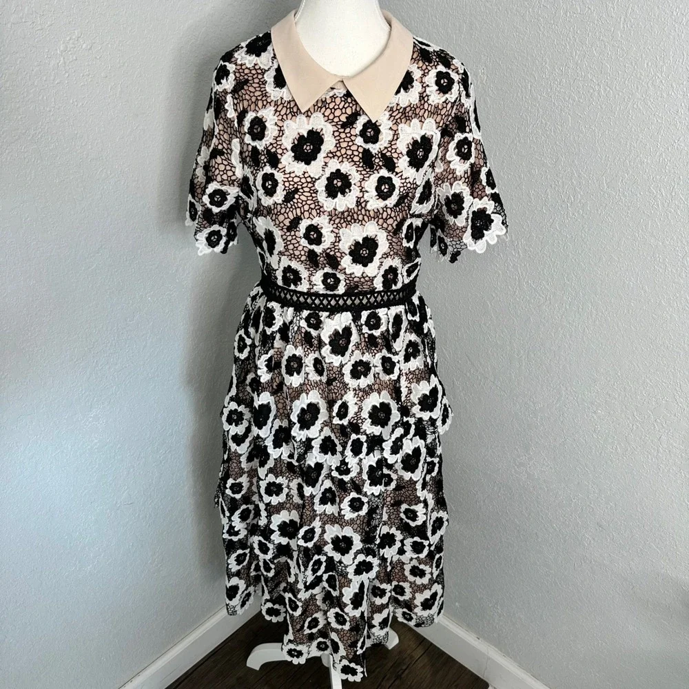 Just Me white black Floral Lace tiered Midi Dress Beige Collar womens size med